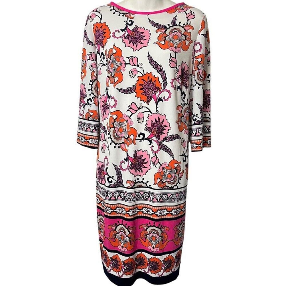 Chicos Womens Fitted Short Floral Print Dress Pink Jersey Knit 3/4 Sleeve 1 / M